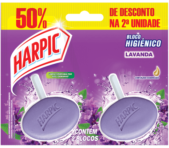 Harpic Bloco Higiênico Lavanda garante perfumação e auxilia na limpeza do vaso sanitário a cada descarga