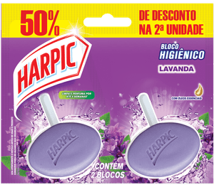 Harpic Bloco Higiênico Lavanda garante perfumação e auxilia na limpeza do vaso sanitário a cada descarga