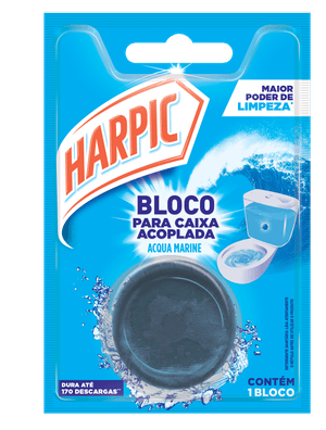 Bloco sanitário Harpic Caixa Acoplada Marine, perfuma e mantém o vaso sanitário limpo