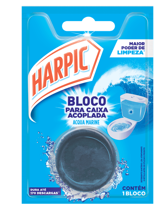 Bloco sanitário Harpic Caixa Acoplada Marine, perfuma e mantém o vaso sanitário limpo