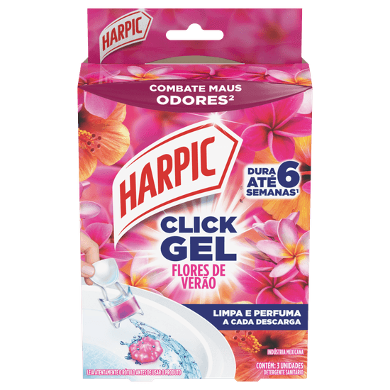 Harpic Click Gel Flores de Verão produto em gel de aplicação direta para vaso sanitário, para limpar e perfumar o vaso sanitário