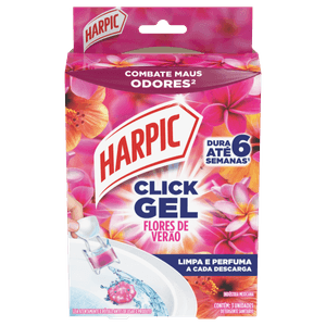 Harpic Click Gel Flores de Verão produto em gel de aplicação direta para vaso sanitário, para limpar e perfumar o vaso sanitário