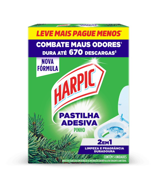 Pastilha Harpic Adesiva Pinho 5 unidades mantém o vaso sanitário limpo e perfumado diariamente