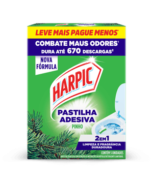Pastilha Harpic Adesiva Pinho 5 unidades mantém o vaso sanitário limpo e perfumado diariamente