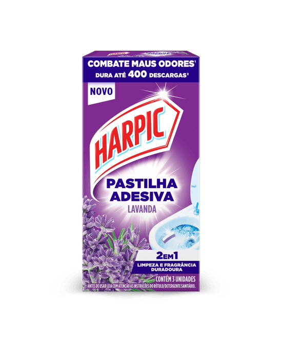 Pastilha Harpic Adesiva Lavanda 3 unidades mantém o vaso sanitário limpo e perfumado diariamente