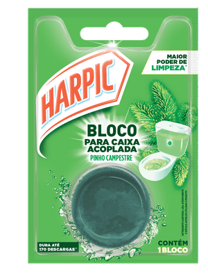 Bloco sanitário Harpic Caixa Acoplada Pinho, perfuma e mantém o vaso sanitário limpo