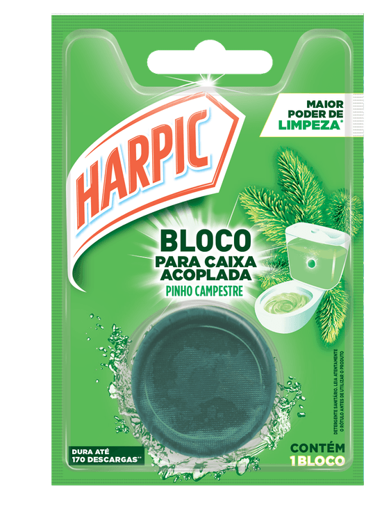 Bloco sanitário Harpic Caixa Acoplada Pinho, perfuma e mantém o vaso sanitário limpo