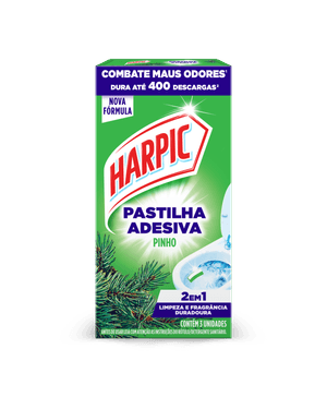 Pastilha Harpic Adesiva Pinho mantém o vaso sanitário limpo e perfumado diariamente