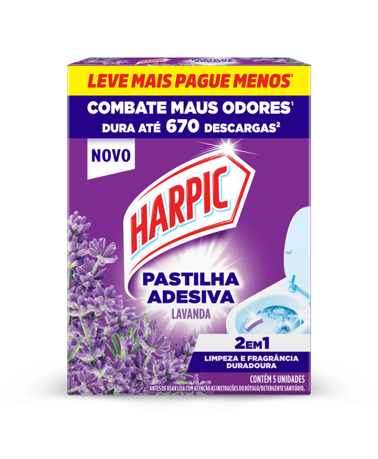 Pastilha Harpic Adesiva Lavanda 5 unidades mantém o vaso sanitário limpo e perfumado diariamente