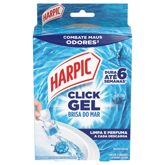 Harpic Click Gel Brisa do Mar produto em gel de aplicação direta para vaso sanitário, para limpar e perfumar o vaso sanitário