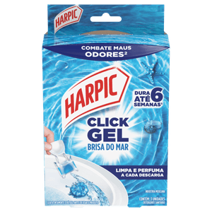 Harpic Click Gel Brisa do Mar produto em gel de aplicação direta para vaso sanitário, para limpar e perfumar o vaso sanitário