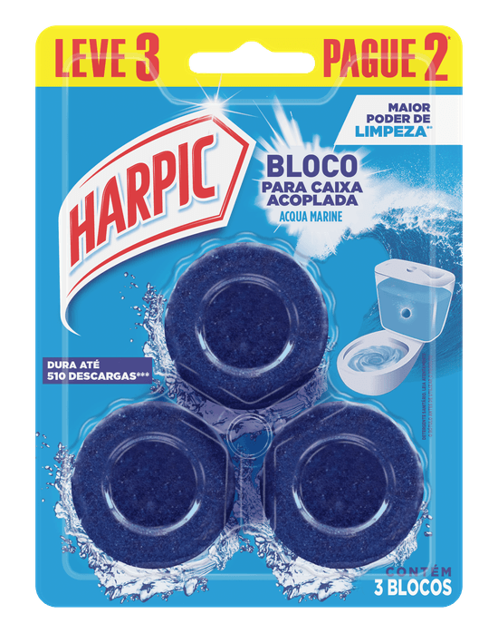 Bloco sanitário Harpic Caixa Acoplada Marine Tripack - 3 unidades, perfuma e mantém o vaso sanitário limpo