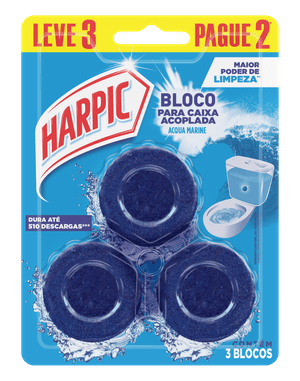 Bloco sanitário Harpic Caixa Acoplada Marine Tripack - 3 unidades, perfuma e mantém o vaso sanitário limpo